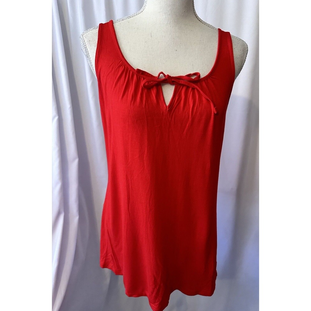 Old Navy Top Women Size M Red Scoop Tie Neck Keyhole Sleeveless Swing 100% Rayon